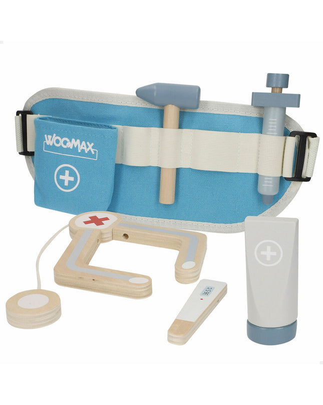 Set of six Colorbaby health center toy playsets with realistic medical tools for imaginative role-playing.