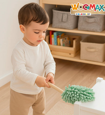 Woomax Reinig & Opberg Kit with five pieces, toy cleaning and storage set, in a compact 19x43x19 cm design for pretend play.