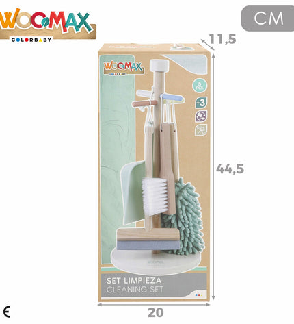 Woomax Reinig & Opberg Kit with five toy cleaning tools, designed for pretend play, in a compact 19x43x19 cm size.