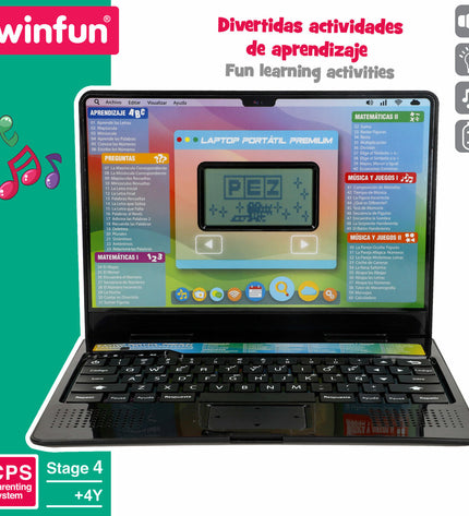 Set of four Winfun electronic toy laptops, 26x21x20 cm, colorful play gadgets for kids, featuring playful designs and buttons.