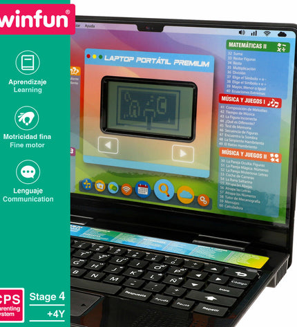 Set of four Winfun electronic toy laptops, measuring 26x21x20 cm, featuring colorful buttons and playful design for children.