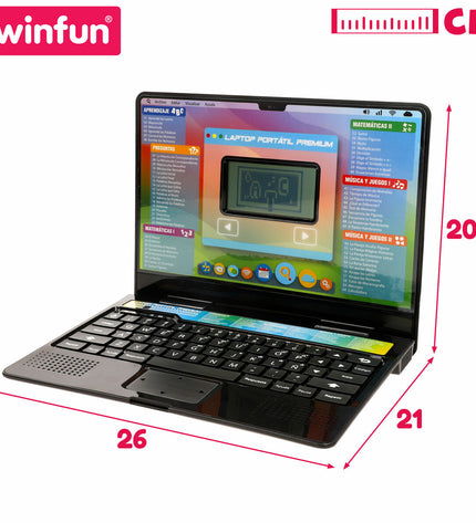 Set of four Winfun electronic toy laptops, each measuring 26x21x20 cm, designed for children's play and learning.