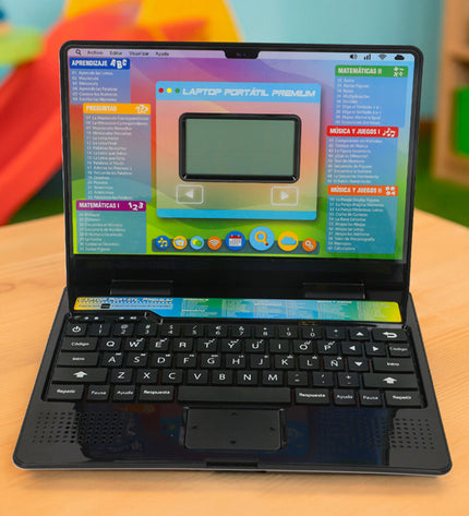 Set of four Winfun electronic toy laptops, colorful plastic, with screen and keyboard, designed for children's play.