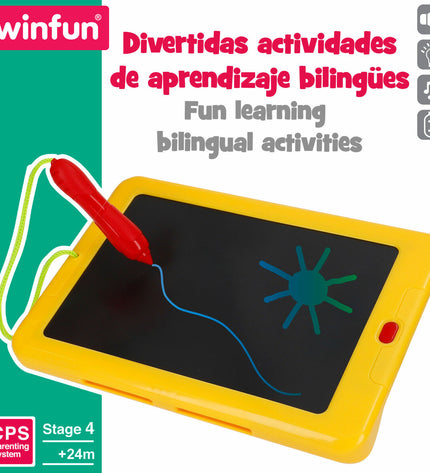 Two Winfun interactive kids' tablets showing colorful screens and playful buttons, designed for children's electronic toy entertainment.