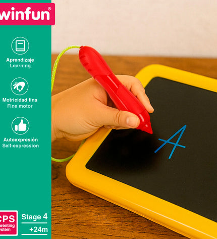 Two Winfun interactive kids tablets, electronic toys for children, featuring colorful designs and playful buttons.