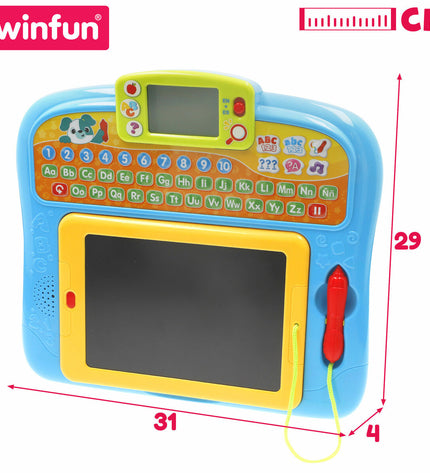 Two Winfun interactive kids' tablets shown, electronic toys with colorful buttons and screens designed for children's play and learning.