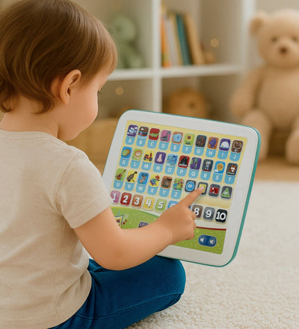 Set of six PlayGo educational tablets for kids, electronic toys with colorful screens and playful designs.