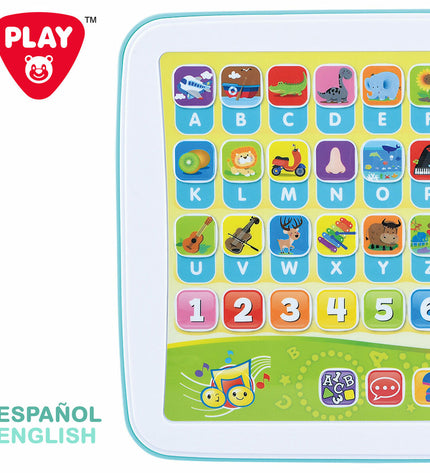Six PlayGo educational tablets for children, electronic toys designed for learning and play, with colorful screens and buttons.