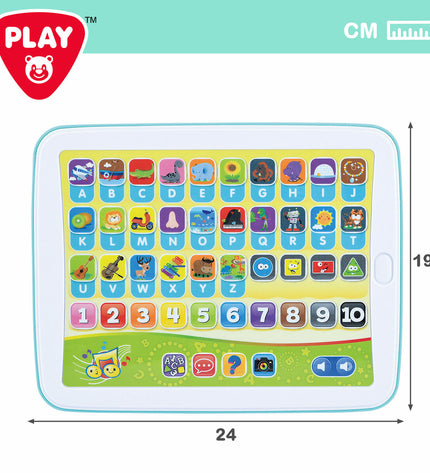 Six PlayGo educational tablets for kids, colorful electronic toys with buttons and screens, designed for learning and play.