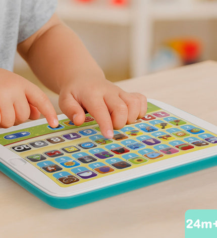 Six PlayGo educational tablets for kids, colorful electronic toys with interactive features for learning and play.
