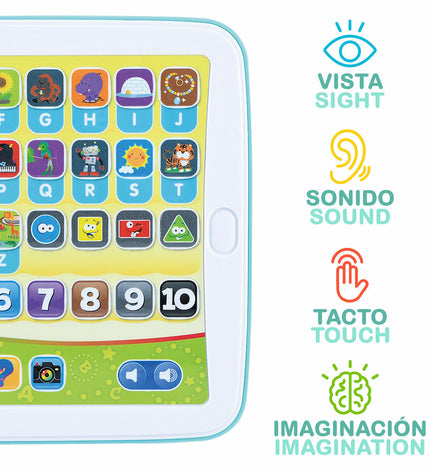 Six PlayGo educational tablets for kids, colorful electronic toys with buttons and screens for learning and play.