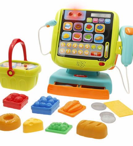Two Winfun wooden cash registers with accessories, play toy sets, measuring 24x23x11 cm, for pretend shopping and role-play.