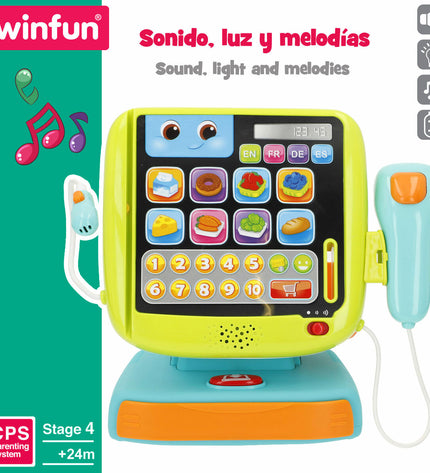 Two Winfun wooden cash registers with accessories, 24x23x11 cm, designed for pretend play and role-playing games.