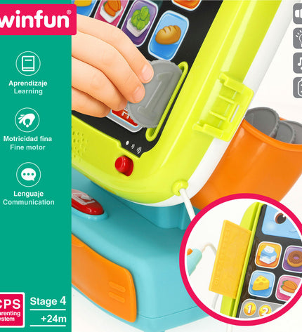Set of two Winfun wooden cash registers with accessories, measuring 24x23x11 cm, ideal for pretend play and imaginative games.