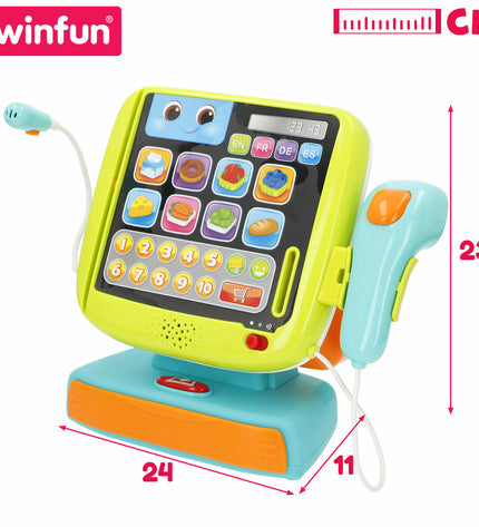 Pair of Winfun wooden cash register toys with accessories, measuring 24x23x11 cm, for imaginative play and role-playing games.