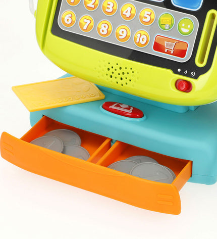 Pair of Winfun wooden cash registers with accessories, toy imitative play set, 24x23x11 cm, suitable for children's role-playing games.