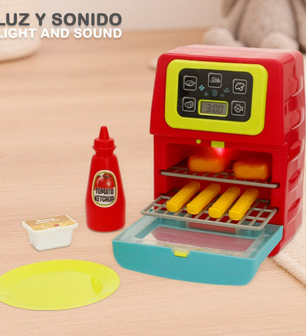 PlayGo toy deep fryer set with four miniature fryers, measuring 14x19.5x11 cm, for imaginative play and pretend cooking.