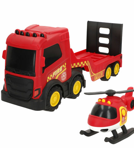 Set of four Teamsterz toy fire trucks, colorful plastic vehicles measuring 49 x 18 x 13 cm, suitable for children's play.