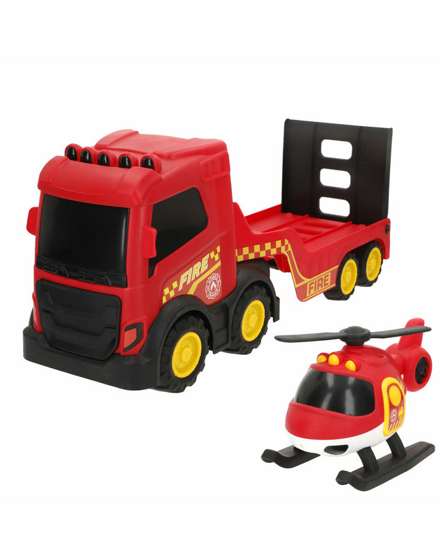 Set of four Teamsterz toy fire trucks, colorful plastic vehicles measuring 49 x 18 x 13 cm, suitable for children's play.