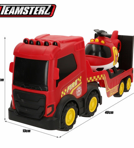 Four Teamsterz toy fire trucks, 49x18x13 cm, colorful plastic vehicles for children’s play, part of speelgoed en games voertuigen collection.