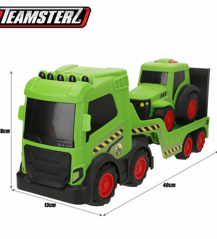Set of four Teamsterz toy trucks, 12x18x40 cm, featuring colorful cargo carriers and realistic vehicle details.