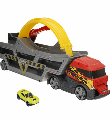 Teamsterz toy trucks carrier set, colorful vehicle playset for kids, measuring 81x30x9 cm, perfect for imaginative play.