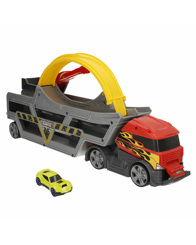 Teamsterz toy trucks carrier set, colorful vehicle playset for kids, measuring 81x30x9 cm, perfect for imaginative play.