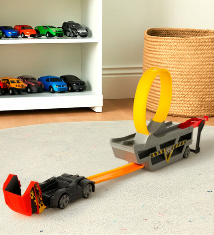 Teamsterz toy truck carrier set with three colorful trucks, measuring 81x30x9 cm, suitable for children, in vibrant display.