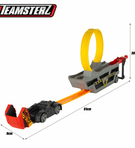 Teamsterz truck carrier toy set with three colorful trucks, measuring 81x30x9 cm, ideal for children's vehicle play.