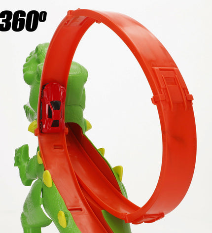 Set of four Teamsterz race car toys on a colorful track, measuring 58 x 35 x 13 cm, for kids' play and racing fun.