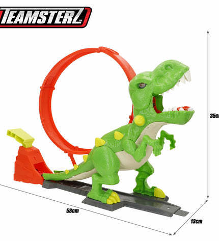 Teamsterz race track set with four toy vehicle playpieces, measuring 58x35x13 cm, designed for kids' vehicles and game play.