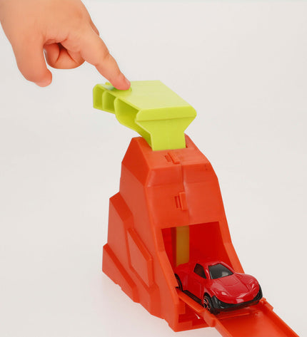 Four Teamsterz toy vehicles on a race track, measuring 58x35x13 cm, ideal for kids' play and imaginative racing.