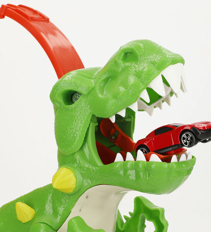 Four Teamsterz toy race cars on a track, colorful plastic vehicles in a playset, suitable for kids' racing and imaginative play.