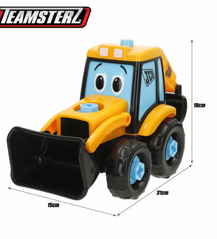 Set of four Teamsterz toy construction vehicles, including a dump truck, cement mixer, crane, and bulldozer, in bright colors.