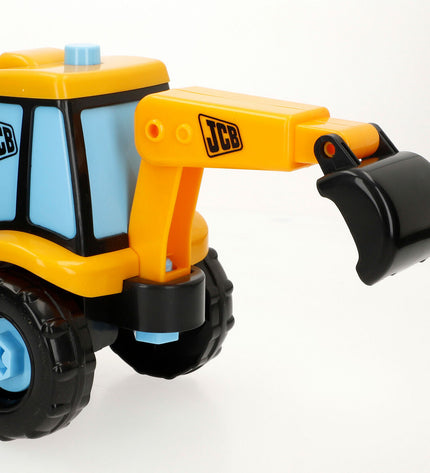 Set of four Teamsterz toy construction vehicles, including a crane, excavator, dump truck, and loader in a colorful play set.
