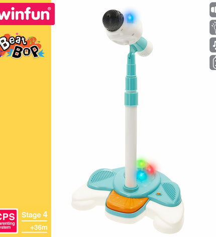 Two Winfun karaoke microphones, colorful electronic toy microphones for kids, designed for fun singing and entertainment.