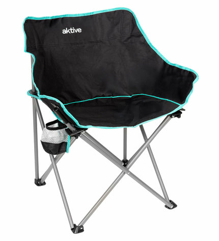 Pair of Aktive folding camping chairs in black with metal frames, compact and lightweight for outdoor activities and hiking.