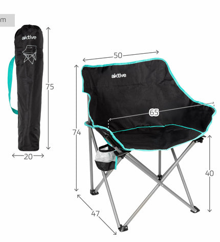 Set of two Aktive foldable outdoor chairs in black, compact camping and hiking chairs with 50x74x47 cm dimensions.