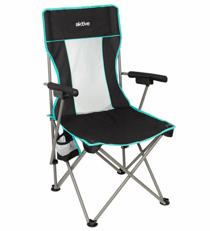 Pair of Aktive folding camping chairs in black, measuring 48x102x48 cm, designed for outdoor activities and travel.