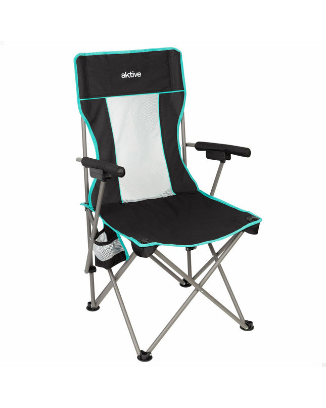 Pair of Aktive folding camping chairs in black, measuring 48x102x48 cm, designed for outdoor activities and travel.