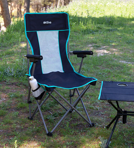Pair of Aktive foldable camping chairs in black, lightweight, compact design, suitable for outdoor activities and outdoor camping.