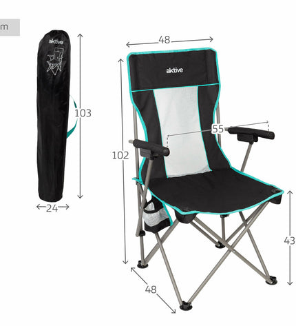 Two Aktive folding camping chairs in black, lightweight and portable, suitable for outdoor activities and hiking.