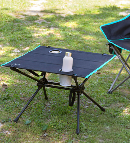 Pair of Aktive folding tables in compact size, suitable for outdoor camping and outdoor activities, shown in a folded position.