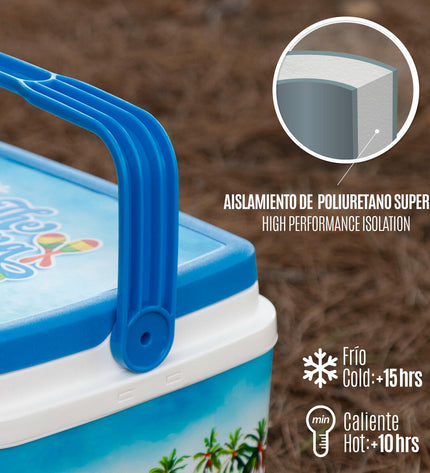 Two Aktive plastic cool boxes, 37x35x27 cm, ideal for camping and outdoor activities, shown stacked with handles visible.