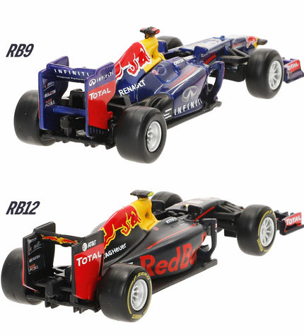 Set of four Red Bull Raceauto toy cars by BURAGO, detailed miniature vehicles for play and collection.