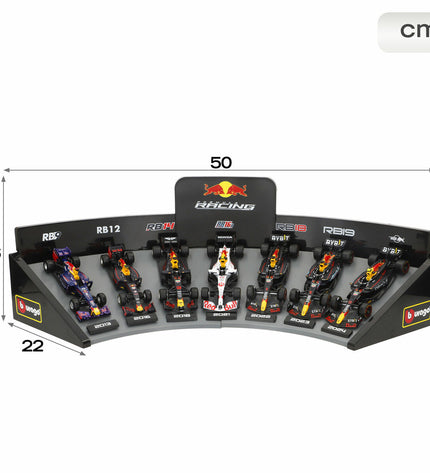 Set of four Red Bull Raceauto BURAGO toy vehicles, detailed miniature racing cars for play and collection.