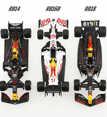 Four Red Bull Raceauto toy cars by BURAGO, detailed miniature vehicles for play and collection in vibrant red and racing design.