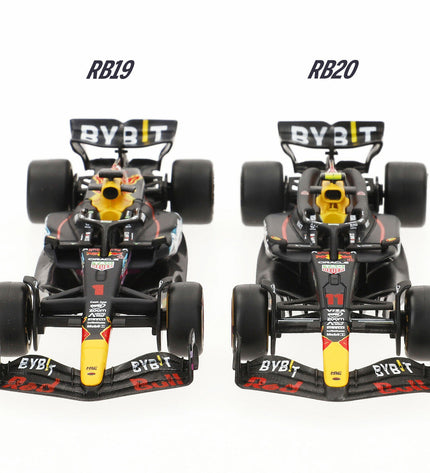 Set of four Red Bull Raceauto BURAGO toy vehicles, detailed miniature race cars for kids' play and collection.