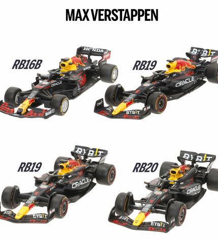 Four Red Bull Raceauto BURAGO toy cars in red with detailed racing designs, suitable for children and collectors.