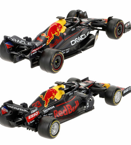 Set of four Red Bull Raceauto BURAGO toy vehicles, detailed miniature racing cars in red and yellow with Red Bull branding.